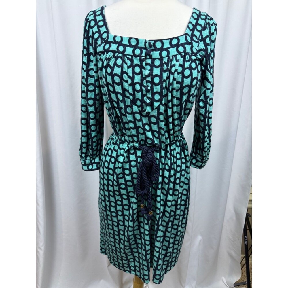 Milly Turquoise and Navy Printed Dress with Rope Tie with gold accents. Small